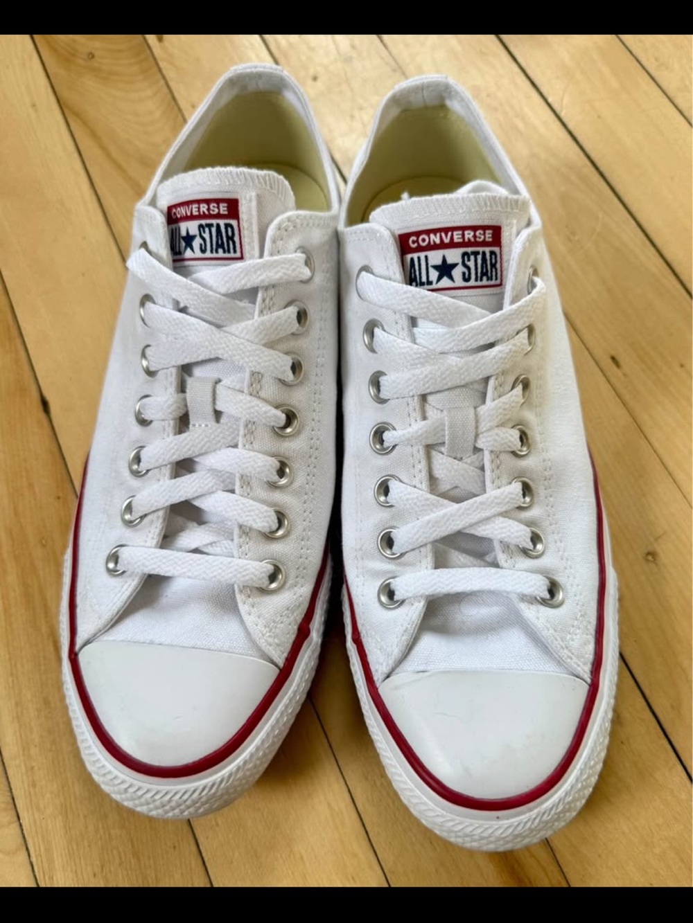 Women’s 10.5 Converse White Low Top Sneakers with Red Trim